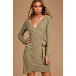 LULUS All My Wisdom Pale Olive Green Ribbed Faux Wrap Dress Size S